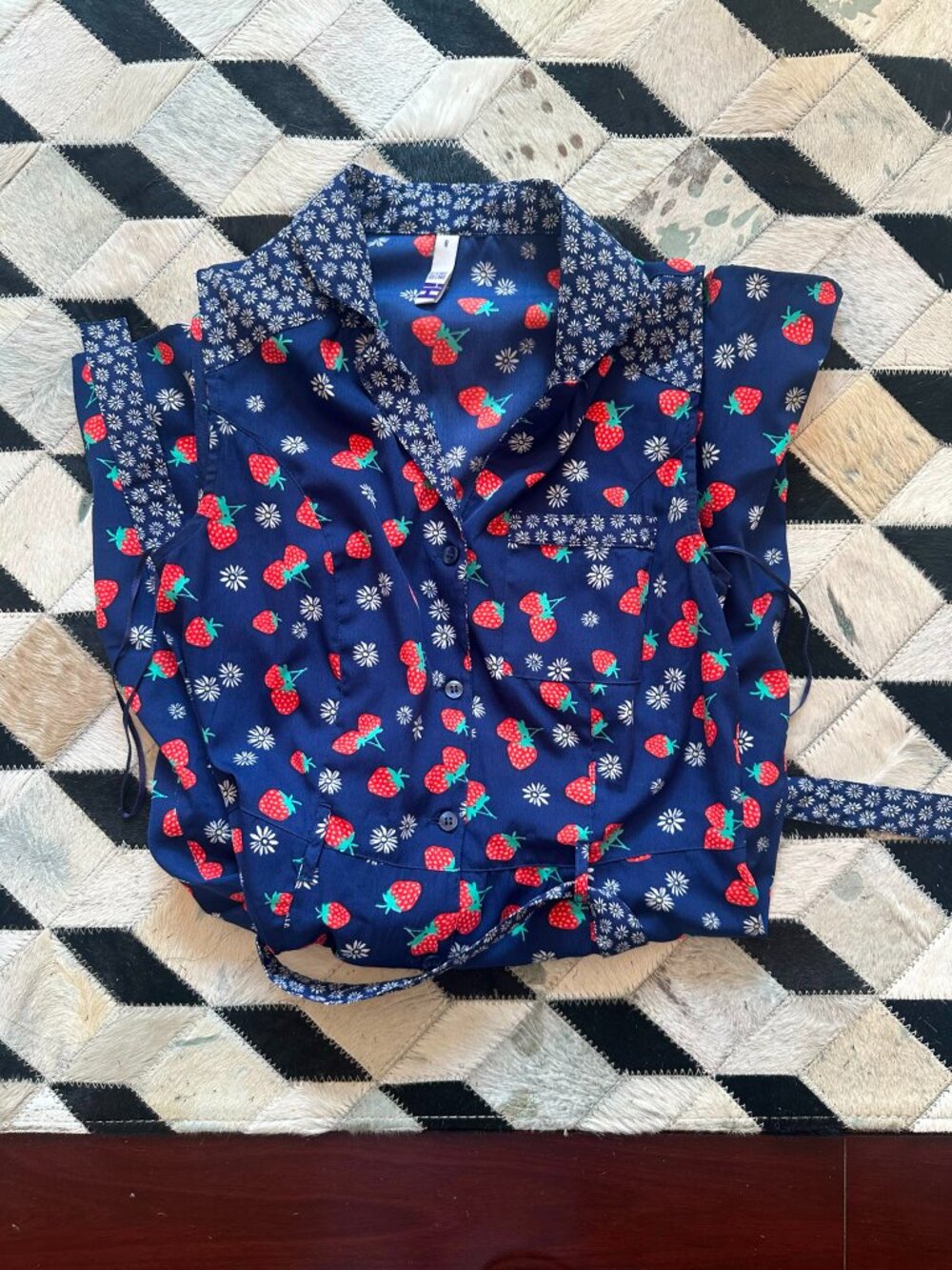 Vintage Retro Strawberry Print Midi Collared Dress Blue Daisy Cottagecore Summer - Picture 11 of 13